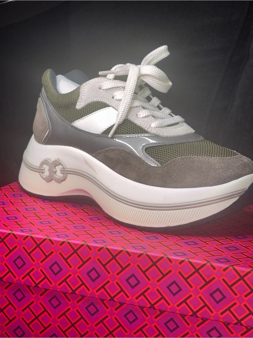 Tory Burch Olive Green and Gray Chunky Lace-Up Sneaker
